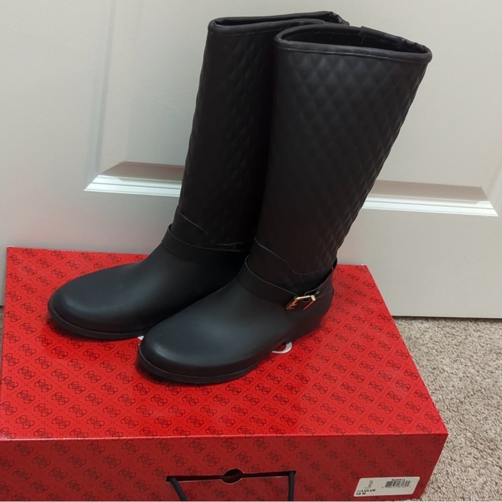 Guess Black Quilted Tall Rain Boots with Side Buckle